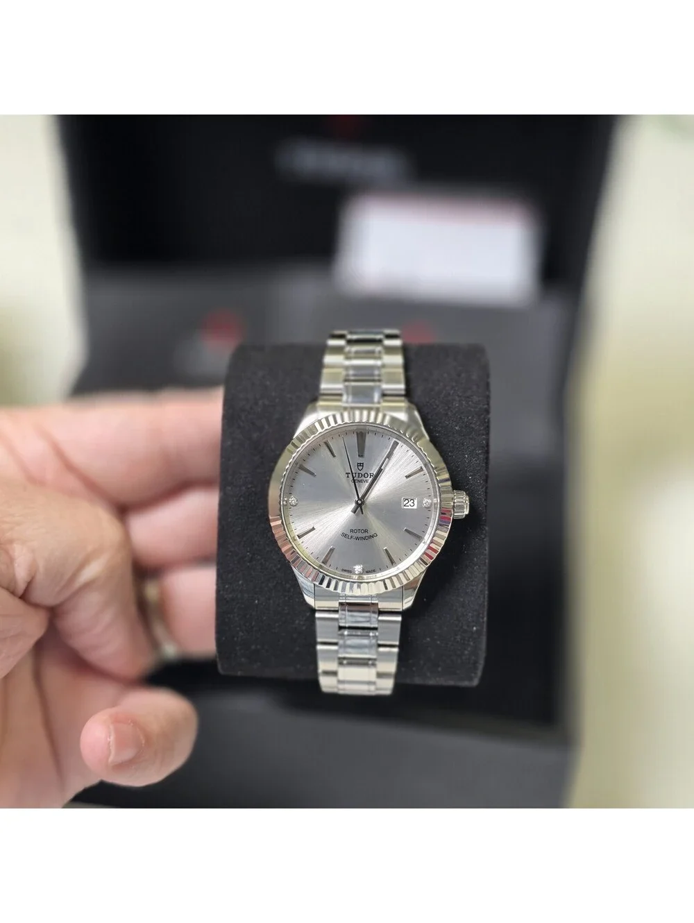 TUDOR Stvle M12510 38mm Stainless Steel silver diamond-set dial, Fluted Bezel